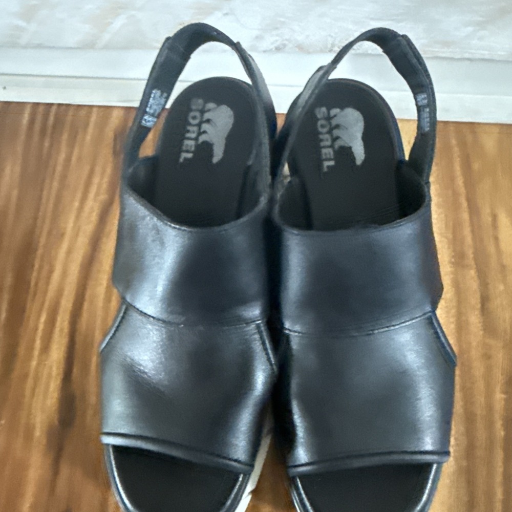 Sorel Black Joanie Wedge Sandals | Women's Leather Slingback 7.5 Fast Shipping - Picture 3 of 12